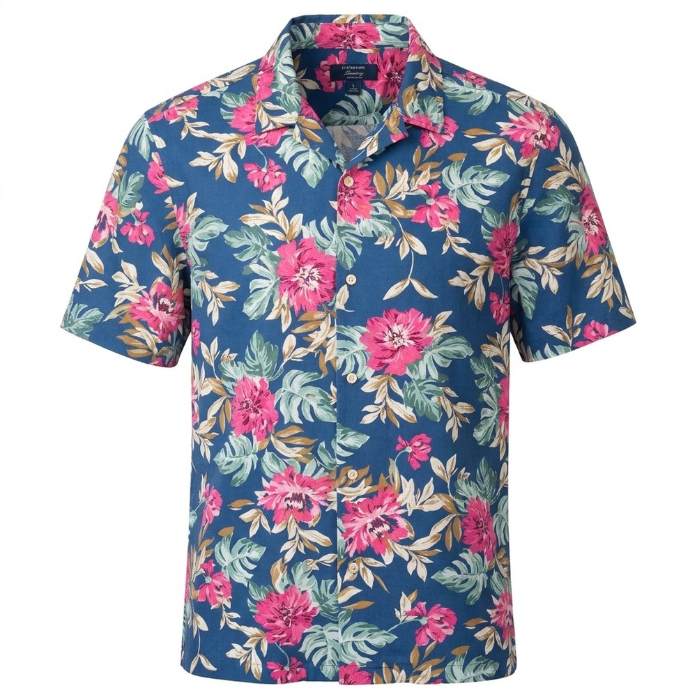 Club Room Luxury Silk Blend Floral Hawaiian Shirt Mens Large Navy Pink Tropical